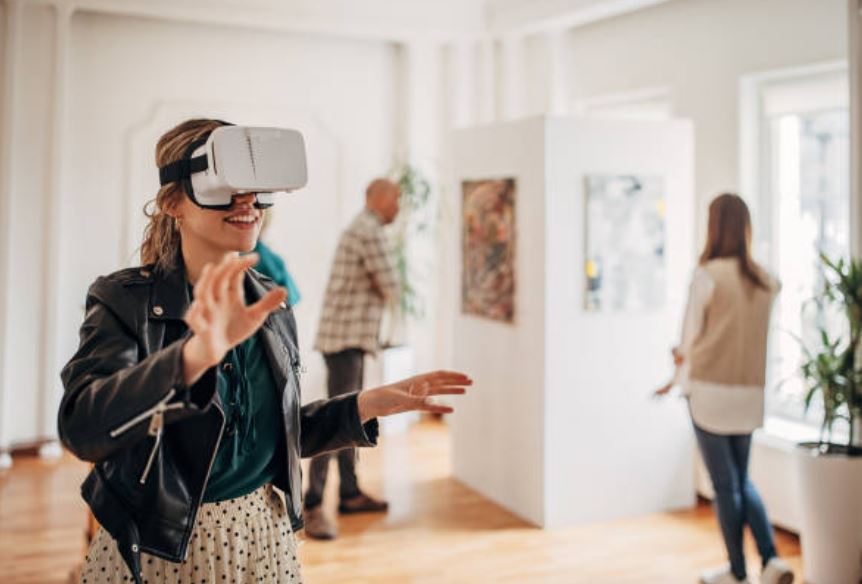 A young girl wearing virtual reality (VR) glasses in a museum, exploring a virtual exhibit.